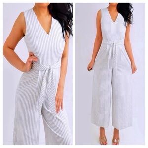 Calvin Klein White Jumpsuit with Black Pinstripes